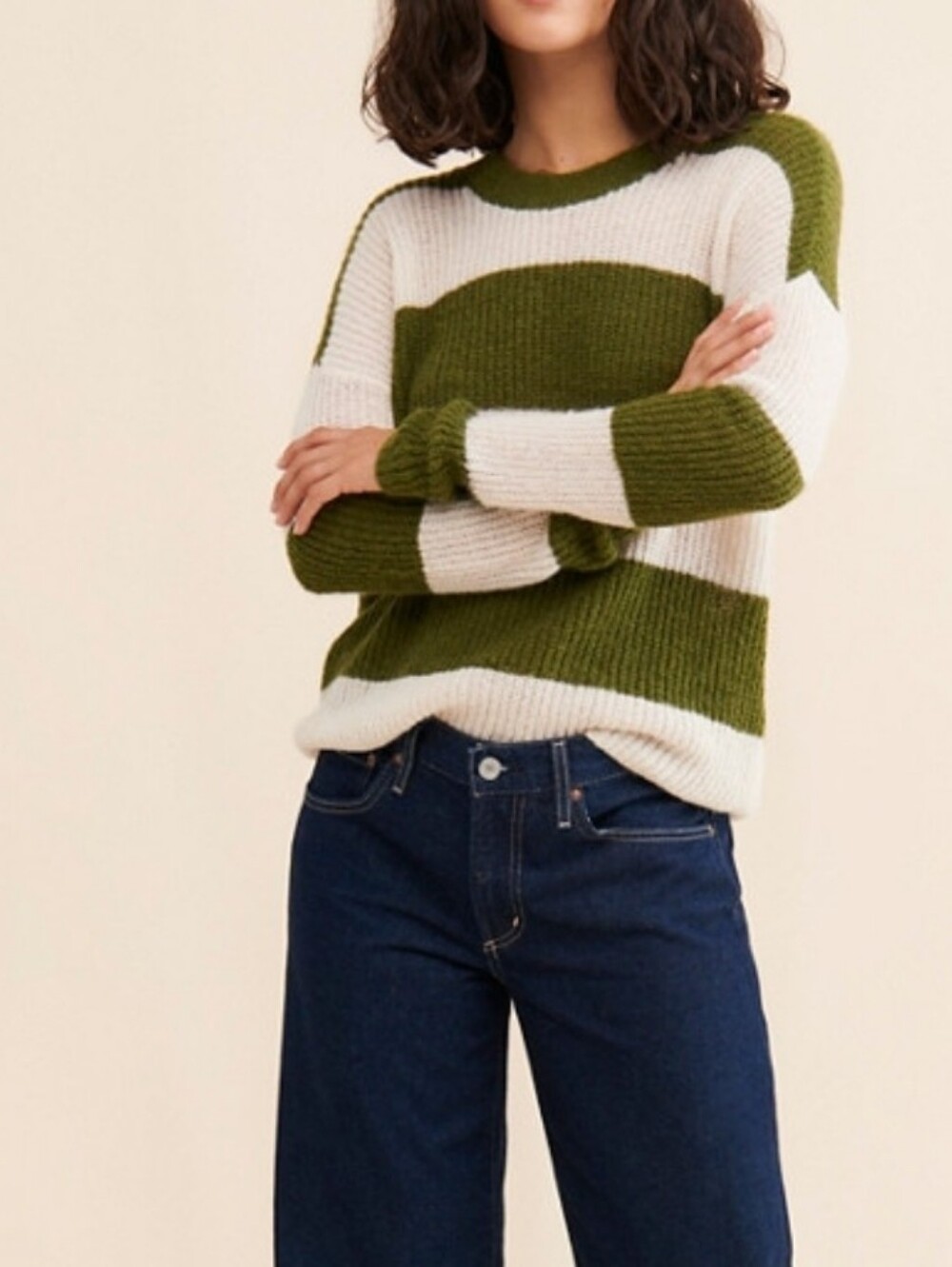 Madewell Stripe Rosario Fineloft Green Cream Wide Stripe Striped Sweater Medium